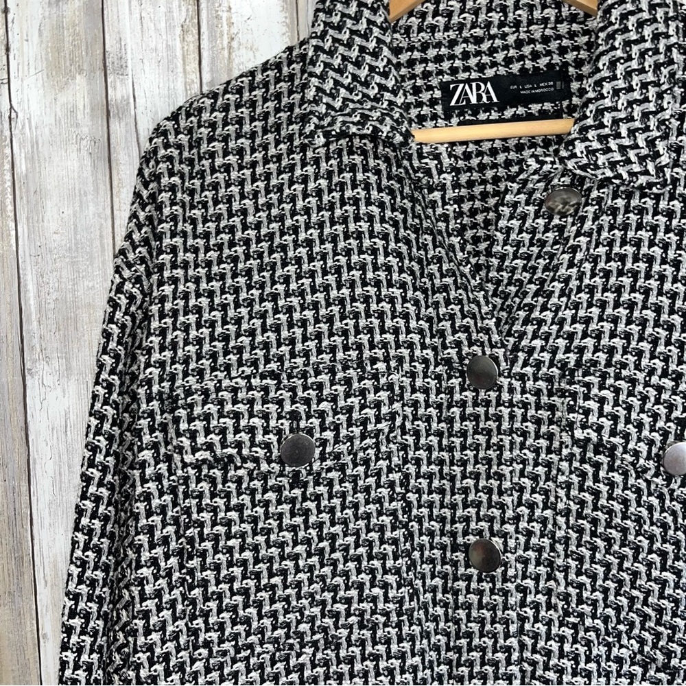 Zara Black White Tweed Shacket Overshirt Jacket Frayed Textured Women Large NWT - Picture 3 of 6